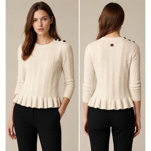 Burberry London 100% Cashmere‎ Cable Knit Peplum Sweater Ivory Size M
